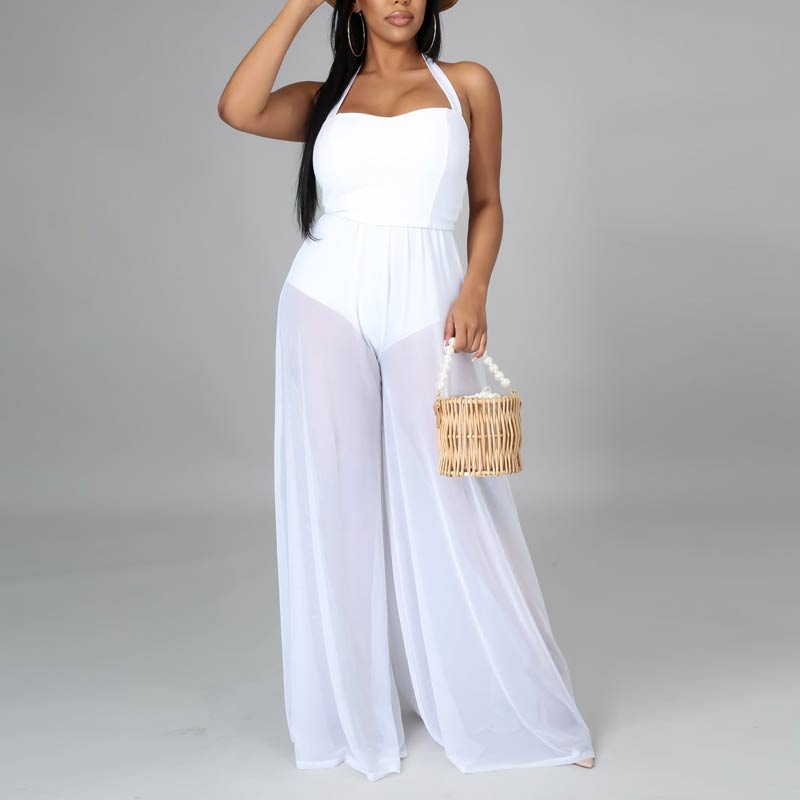 Solid Halter Sheer Mesh See Through Jumpsuit