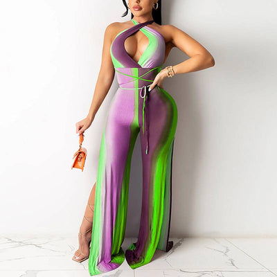 Colorblock Sleeveless Halter Cut Out Bandage Slit Jumpsuit