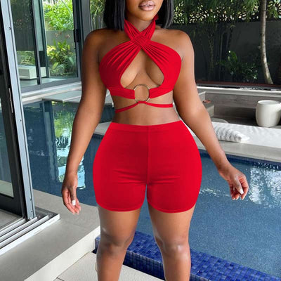 Solid Halter O Ring Cut Out Two Piece Shorts Set