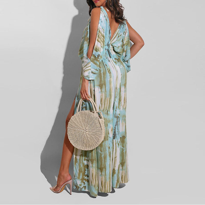 Print Cold Shoulder High Slit Maxi Dress