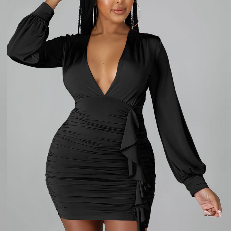 Solid Deep V-Neck Long Sleeve Ruffle Design Ruched Bodycon Dress