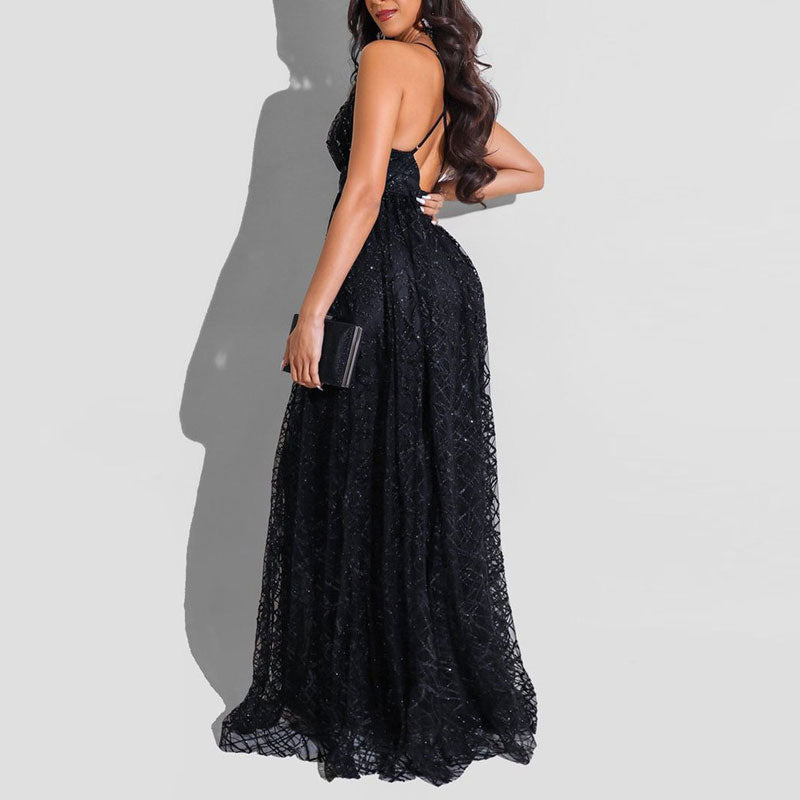 Sequins Deep V-Neck Sleeveless Mesh Maxi Dress