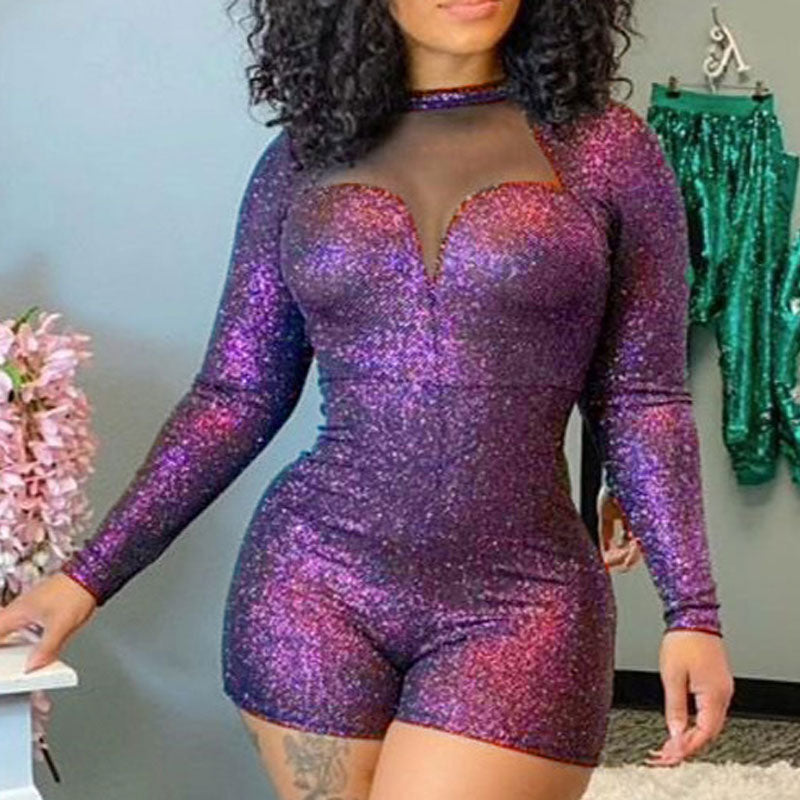 Glitter Long Sleeve Sheer Mesh Patchwork Romper