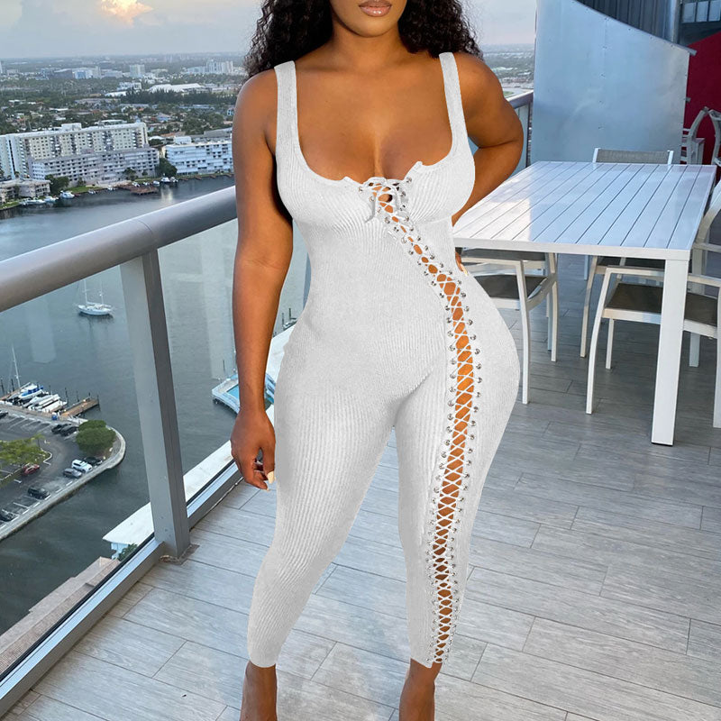 Solid Sleeveless U Neck Eyelet Lace Up Jumpsuit