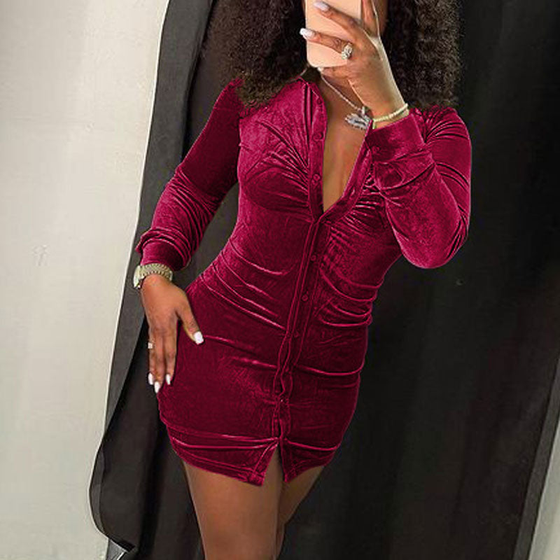 Solid Long Sleeve Button Detailed Velvet Dress