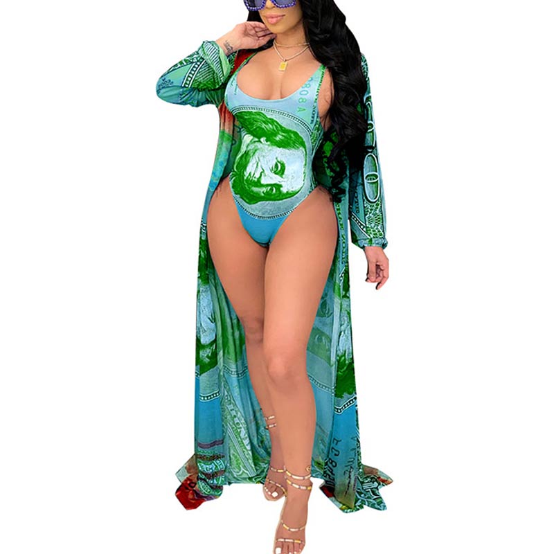 Dollar Print One Piece Bikini & Cover Up Set Beachwear