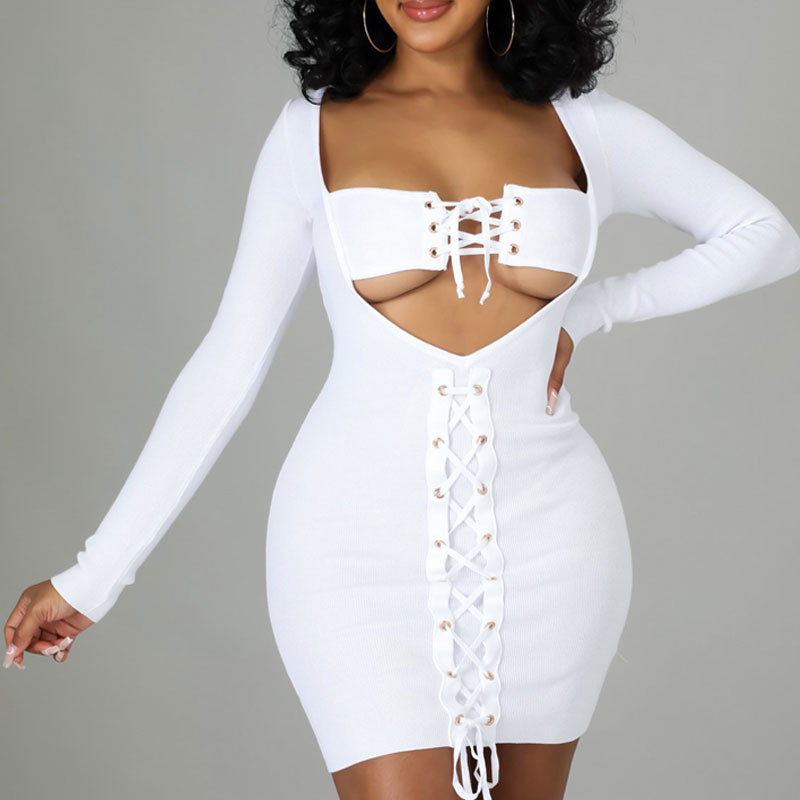 Solid Long Sleeve Cut Out Eyelet Lace Up Bodycon Dress