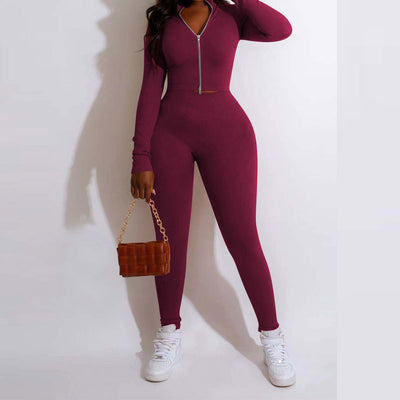 Solid Long Sleeve Zipper Design Top & Pants Set