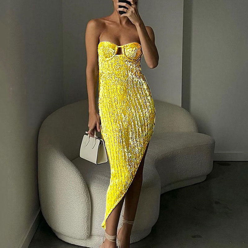 Sequins Bandeau High Slit Irregular Party Dress