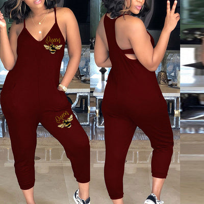 Print V-Neck Sleeveless Spaghetti Strap Jumpsuit