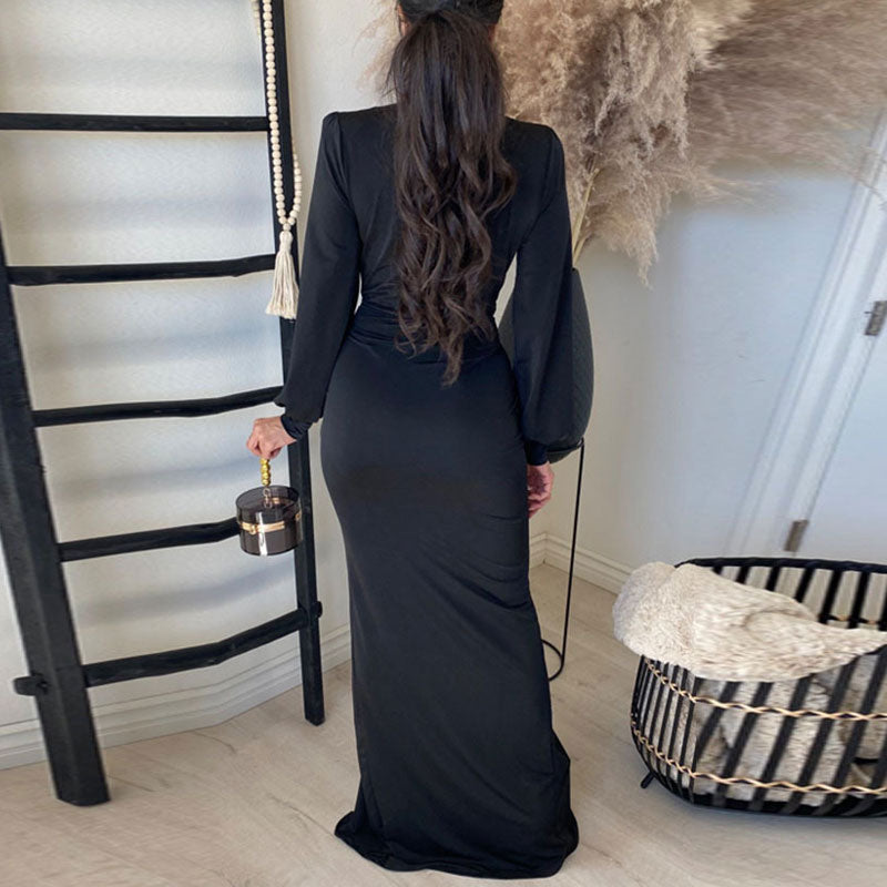 Solid V-Neck Long Sleeve High Slit Shirt Dress