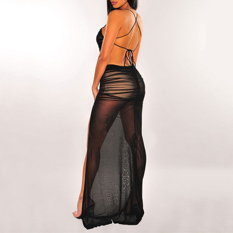 Solid Bandage Backless Sheer Mesh High Slit Maxi Dress