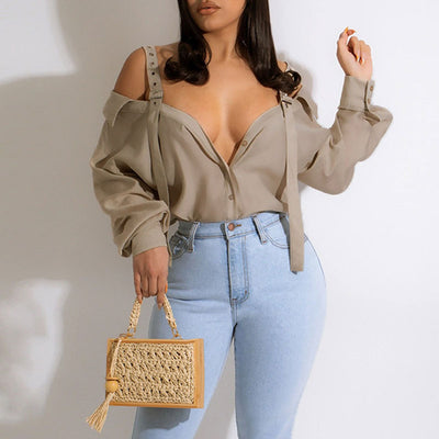 Solid Deep V-Neck Long Sleeve Buckle Decoration Mesh Blouse