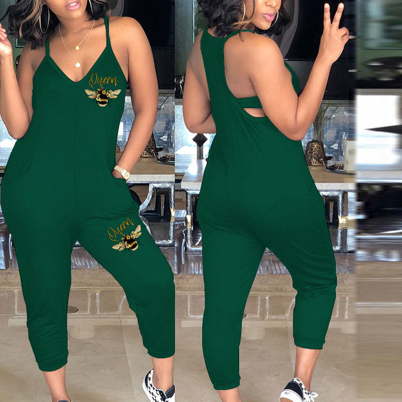 Print V-Neck Sleeveless Spaghetti Strap Jumpsuit