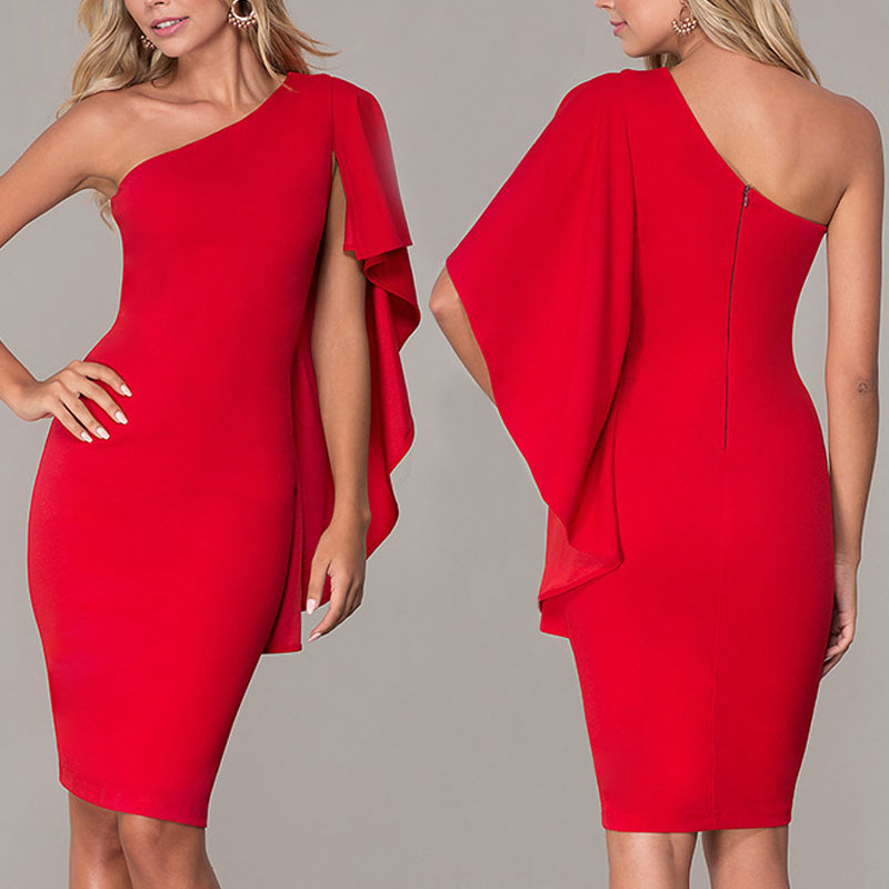 Solid One Shoulder Ruffle Design Bodycon Dress