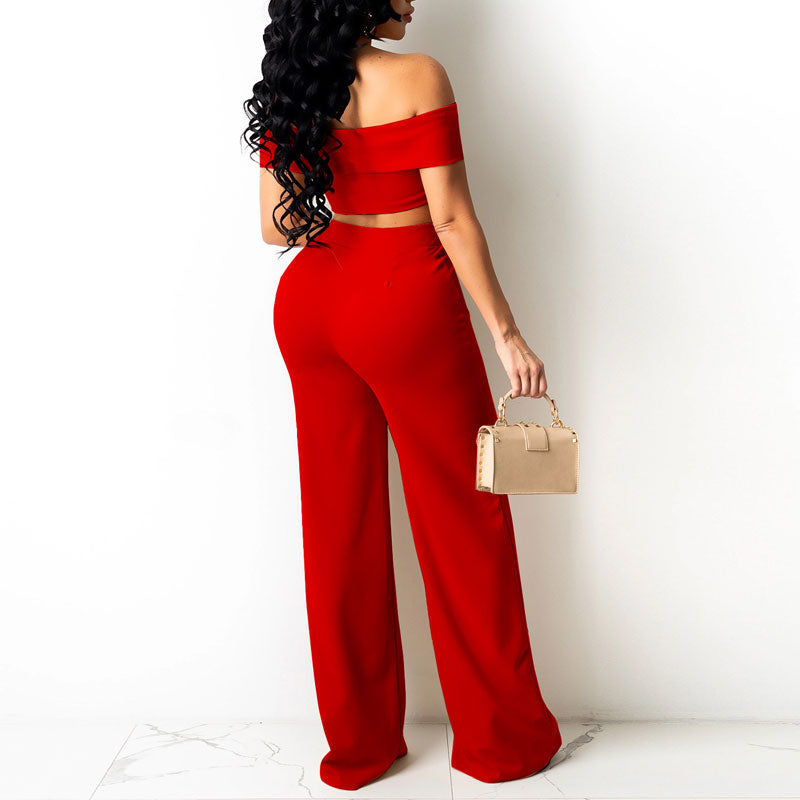 Solid Off Shoulder Tube Top & Wide Leg Pants Set