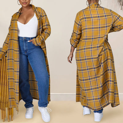 Plaid Pattern Long Sleeve Maxi Dress