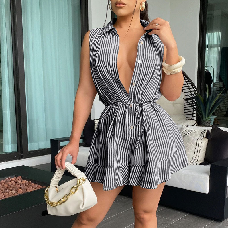 Striped Sleeveless Button Detailed Belted Romper