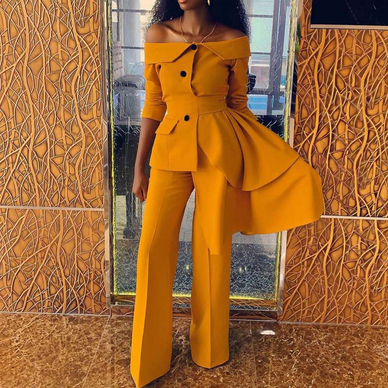 Solid Off Shoulder Long Sleeve Button Detailed Two Piece Pants Set