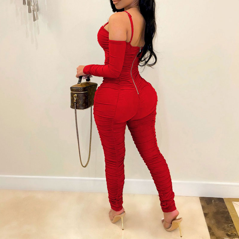 Solid Cold Shoulder Long Sleeve Ruched Jumpsuit