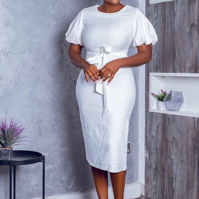 Solid Puff Sleeve Belted Midi Dress