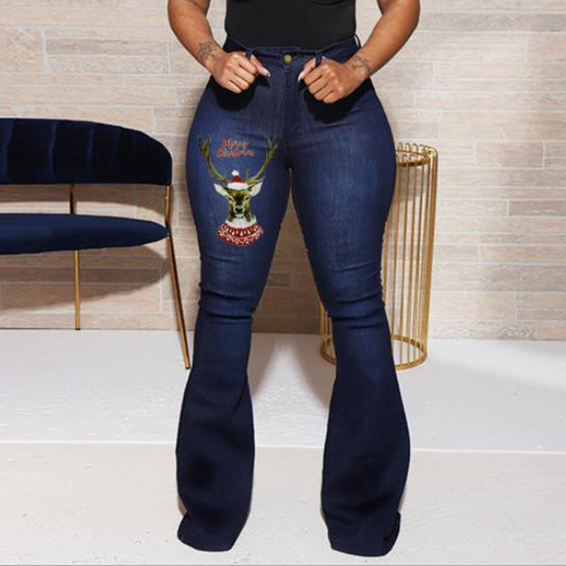 Christmas Pattern High Waist Bell Bottomed Denim Pants