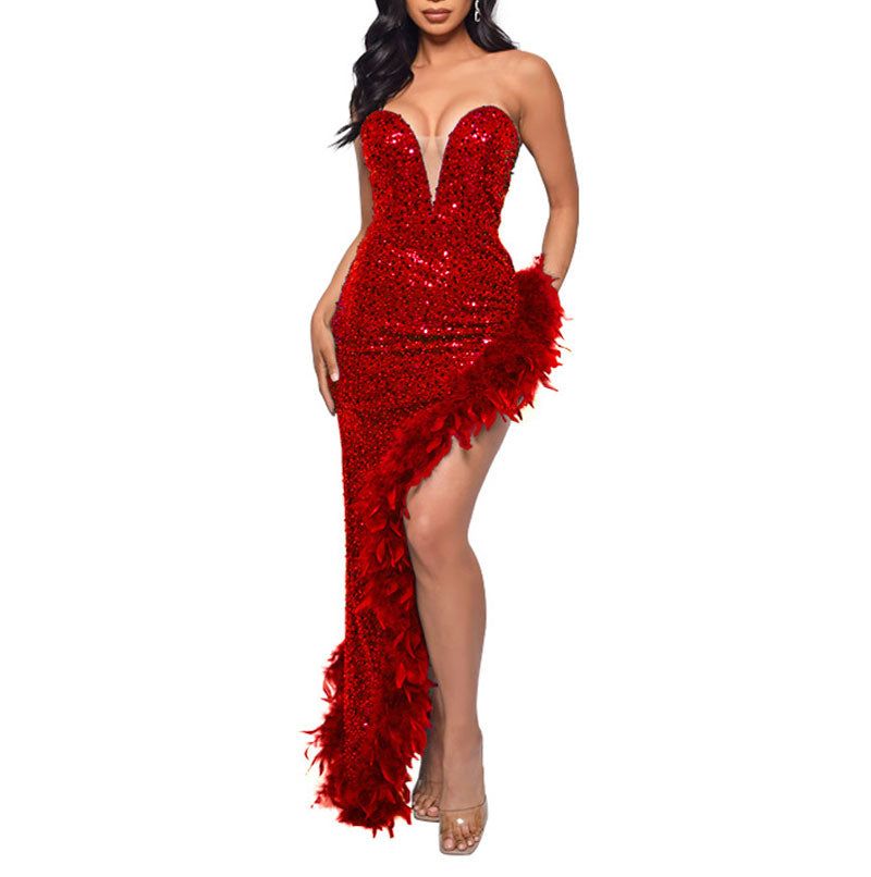 Sequins Off Shoulder Feather Design High Slit Maxi Dress