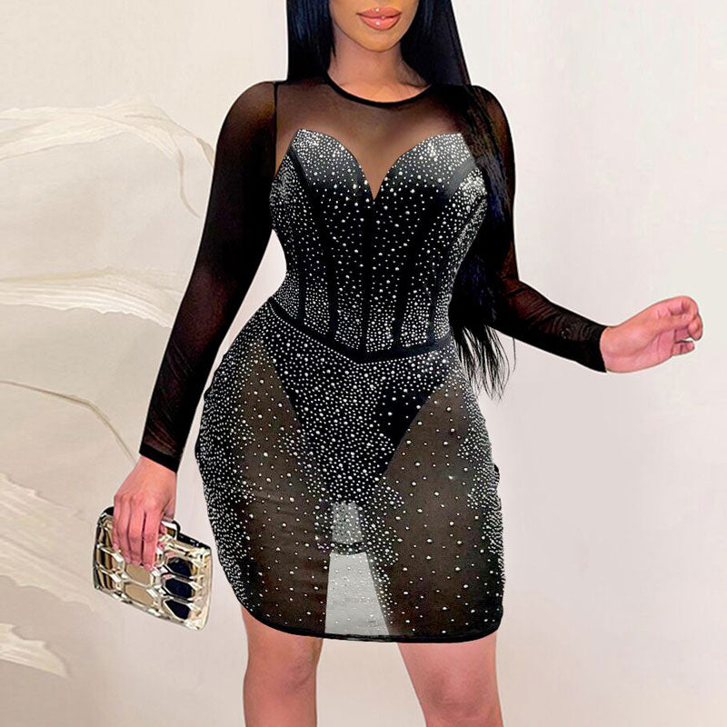 Rhinestone Long Sleeve Sheer Mesh Bodycon Dress