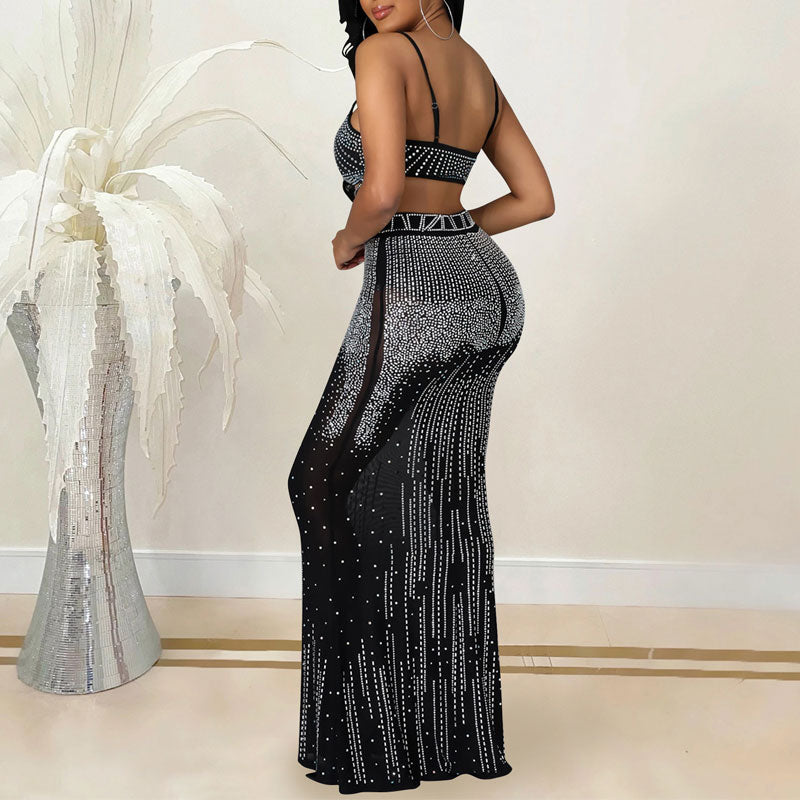 Rhinestone Sleeveless Tube Top & High Waist Skirt Set