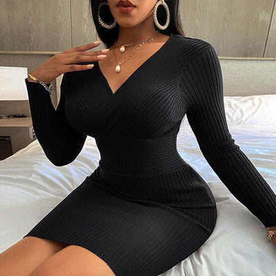 Solid Deep V-Neck Long Sleeve Ribbed Bodycon Dress