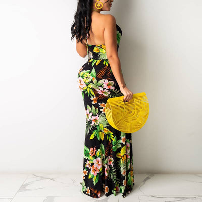 Floral Print Sleeveless Lace Up Halter Maxi Dress