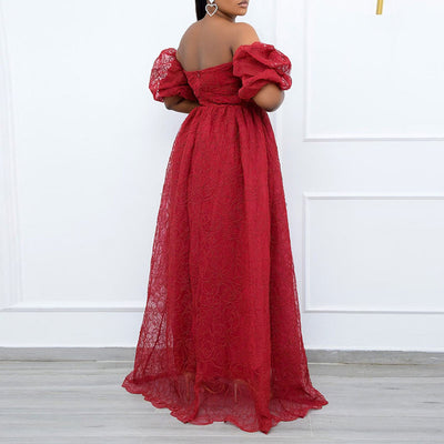 Solid Off Shoulder Puff  Sleeve Lace Maxi Dress