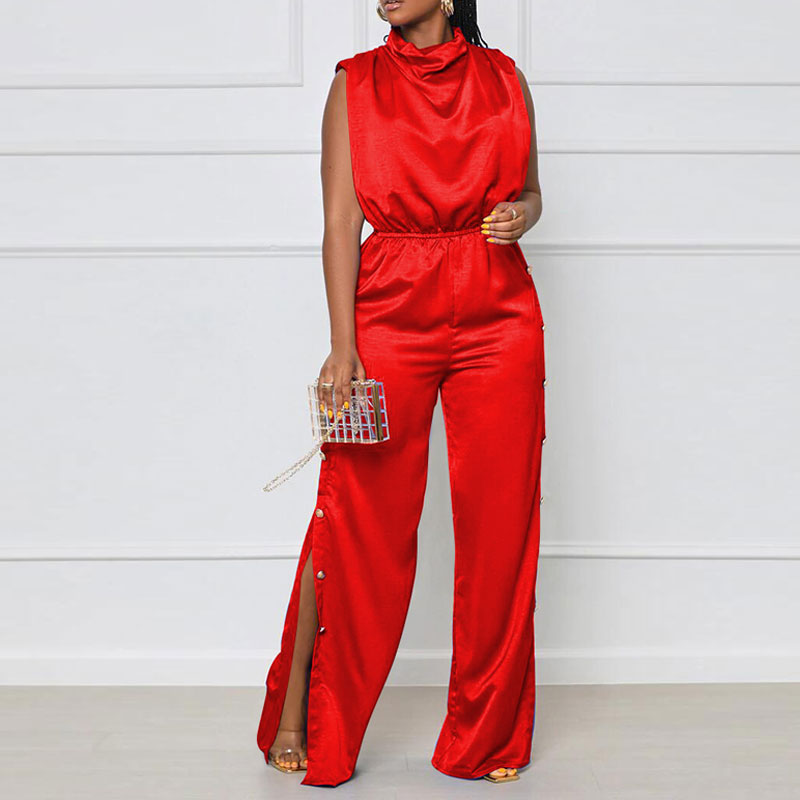 Solid Sleeveless Cowl Neck Button Detailed Slit Jumpsuit