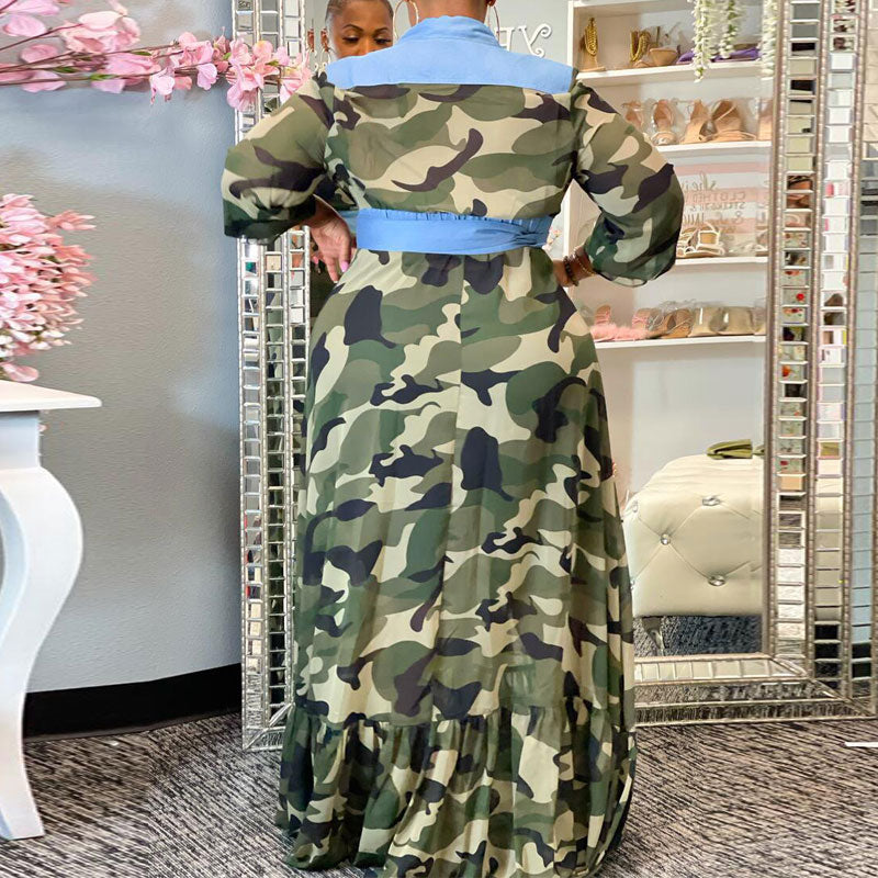 Camouflage Print Long Sleeve Plus Size Shirt Dress