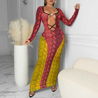 Snakeskin Print Long Sleeve Hollow Out Maxi Dress