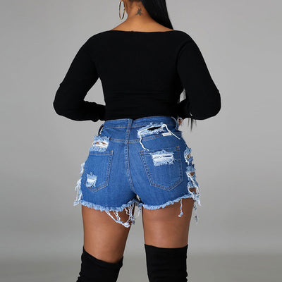 Solid Cut Out High Waist Denim Shorts