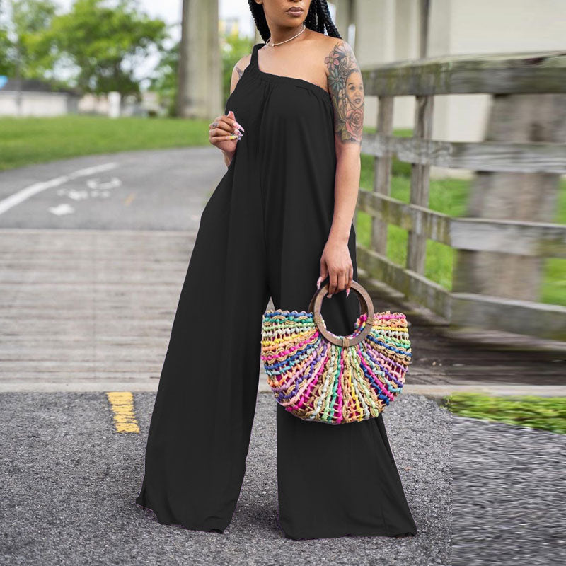 Solid One Shoulder Sleeveless Wide Leg Jumpsuit