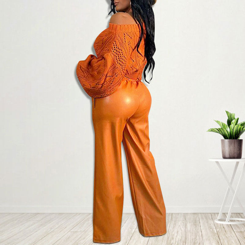 Solid High Waist PU Leather Wide Leg Pants