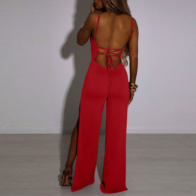 Solid Sleeveless Spaghetti Strap High Slit Jumpsuit