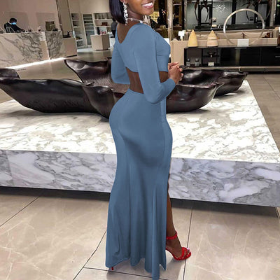 Solid Long Sleeve Cut Out High Slit Dress