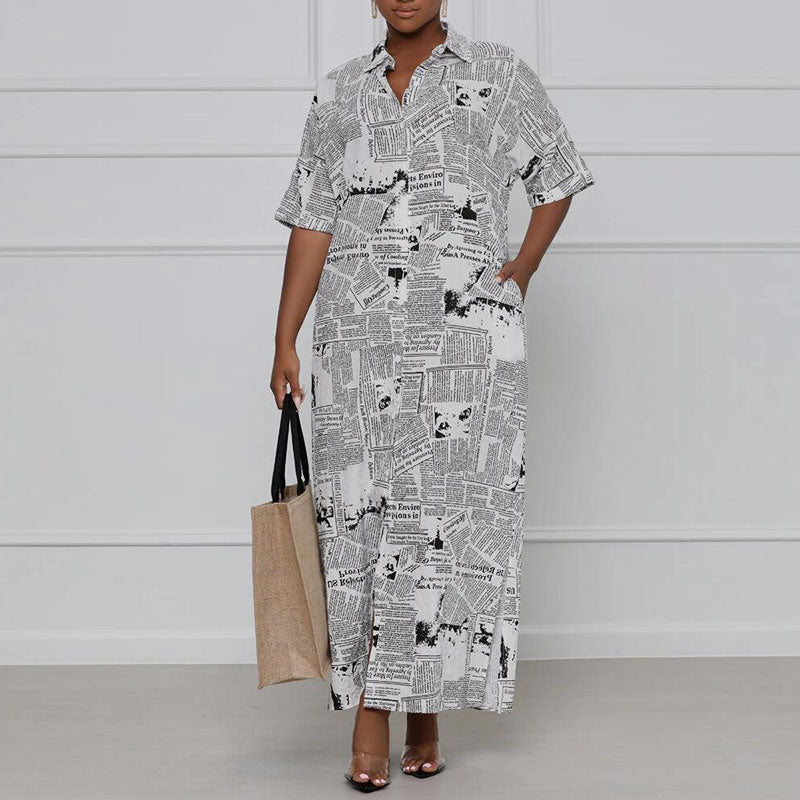 Newspaper Pattern Turndown Neck Short Sleeve Maxi Dress