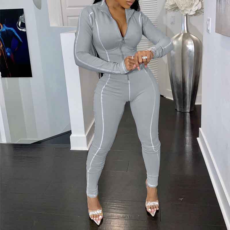 Print Long Sleeve Zipper Design Skinny Jumpsuit