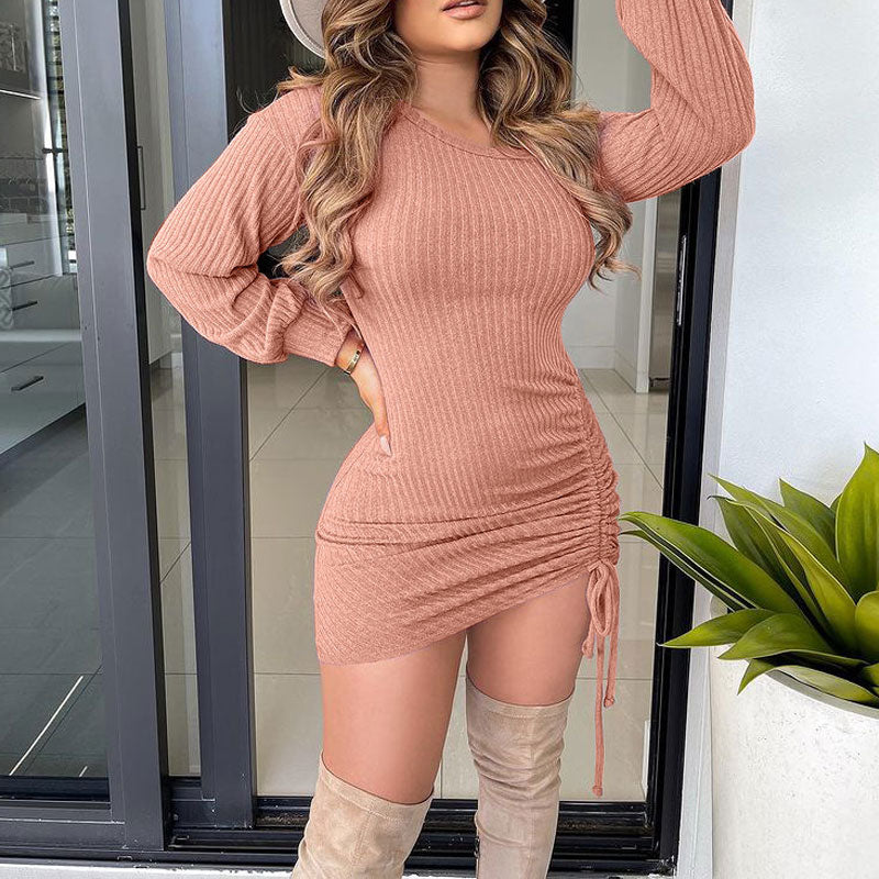 Solid Oblique Shoulder Long Sleeve Drawstring Bodycon Dress