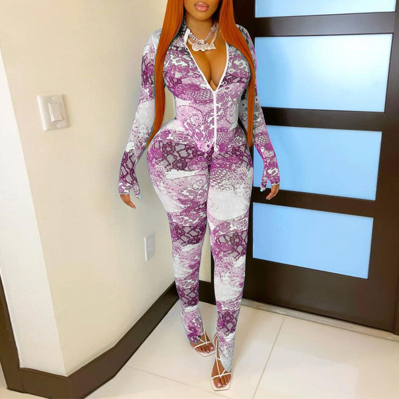 Print Long Sleeve Zipper Design Jumpsuit