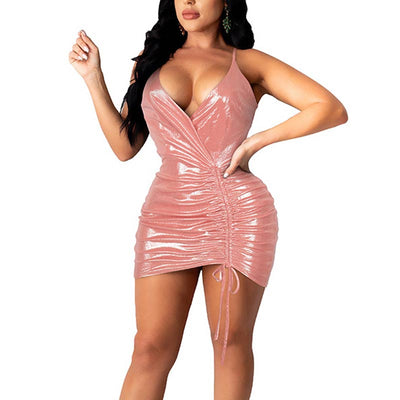 Solid Deep V-Neck Ruched Bodycon Dress