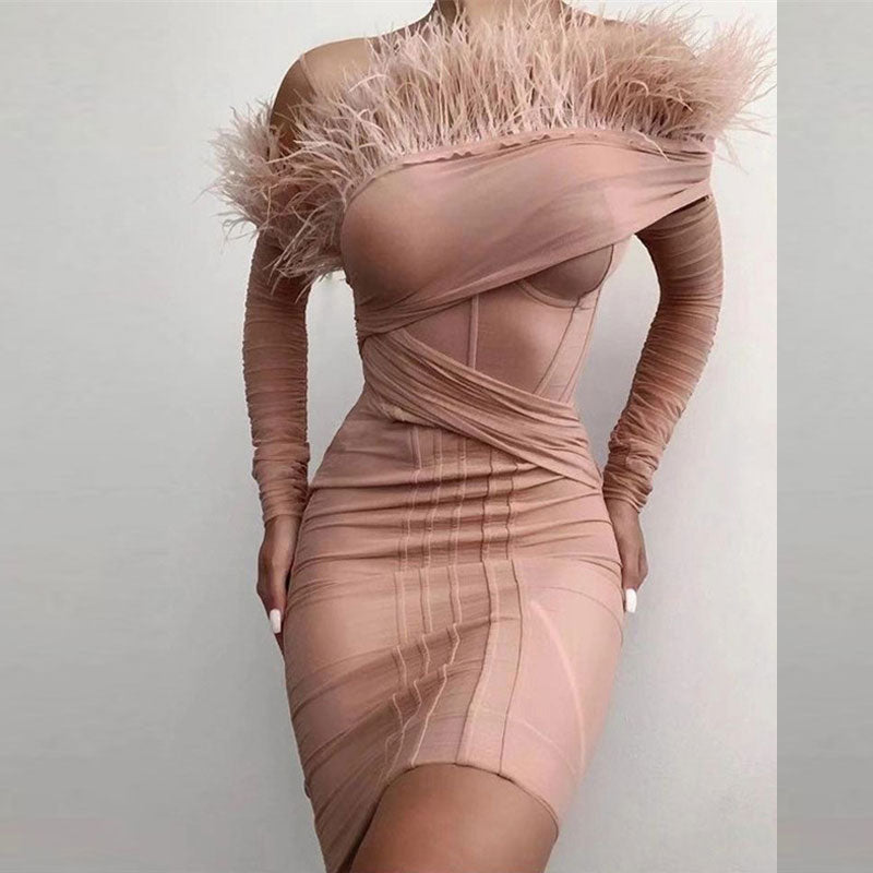 Solid  Feather Design Long Sleeve Bodycon Dress