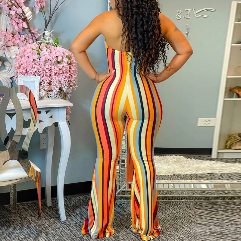 Stripe Patter Off Shoulder Bell Bottomed Jumpsuit