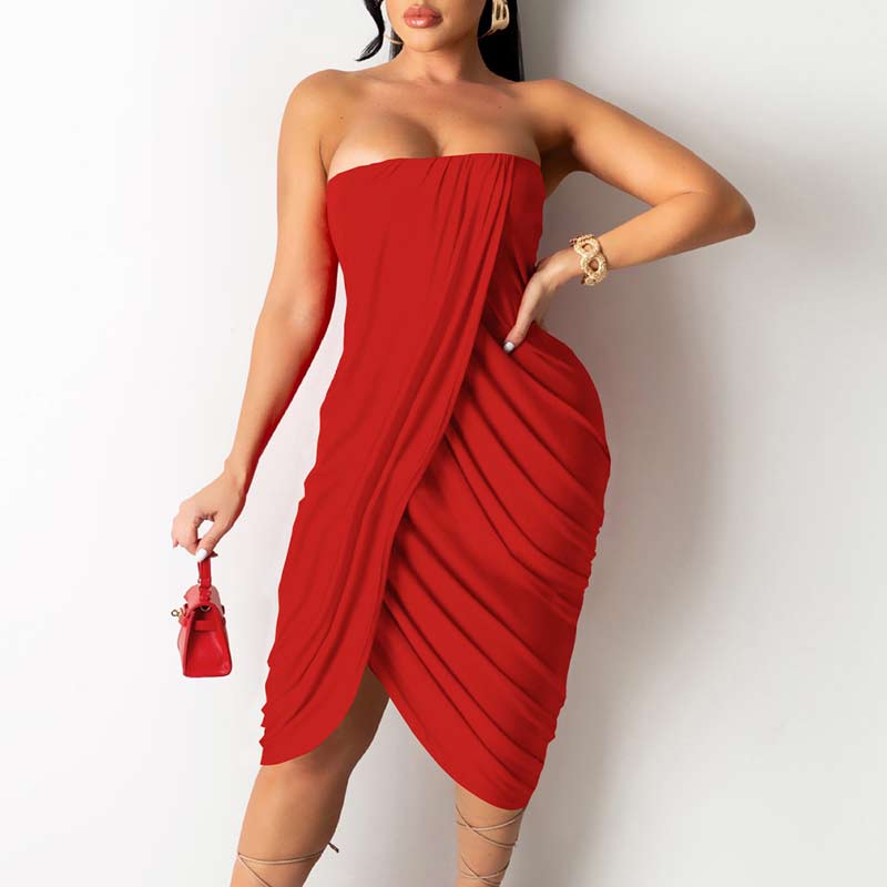 Solid Off Shoulder Ruched Irregular Midi Dress