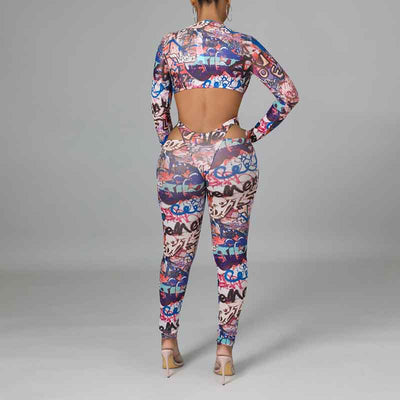 Print Long Sleeve Cut Out Skinny Jumpsuit