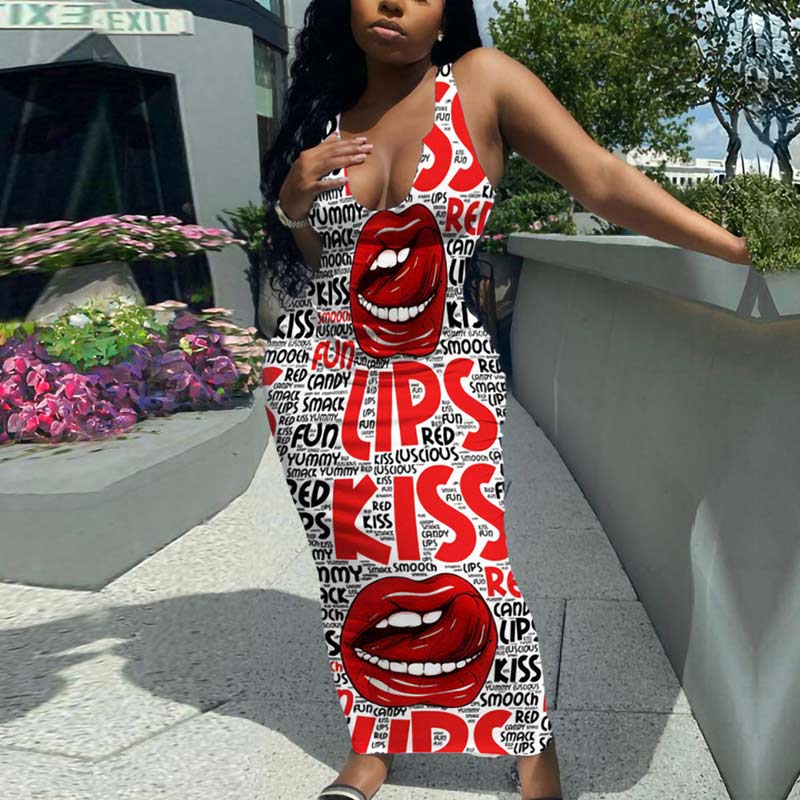 Lips Print Deep V-Neck Sleeveless Maxi Dress